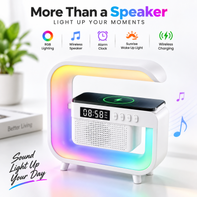 G3 Mini Smart Light Bluetooth Speaker – Multifunctional RGB Night Light with Wireless Charger, Digital Alarm Clock, Sunrise Simulation & Natural Sleep Sound Machine